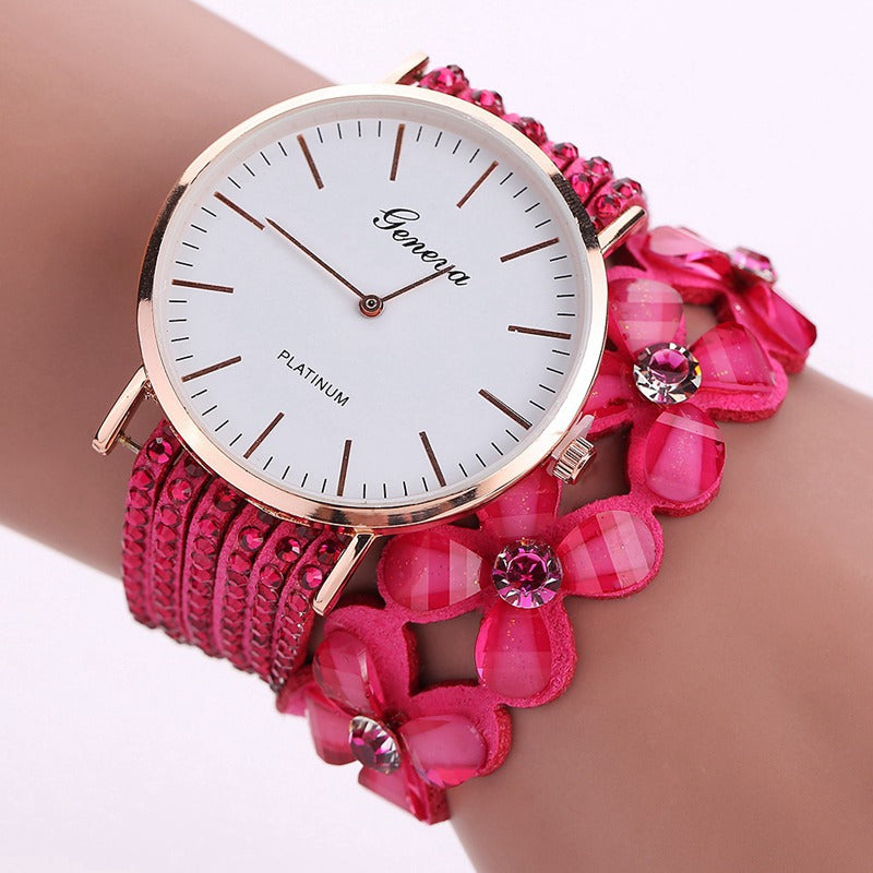 Women’s Elegant Flower Quartz Watch – Geneva Style Crystal Bracelet Dress Watch