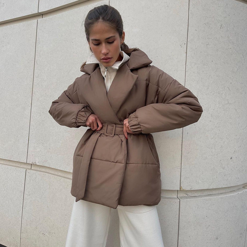Women’s Belted Padded Coat Slim Fit Thick Cotton Jacket Winter Warm Cinched Waist Coat