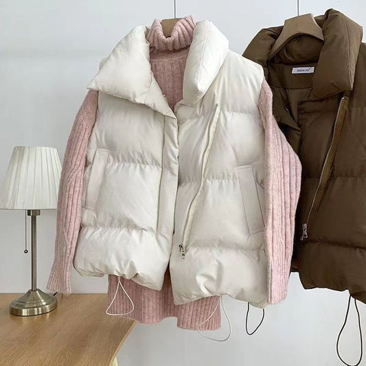 Women’s Sleeveless Cotton Vest Standing Collar Loose Fit Elegant Casual Padded Vest