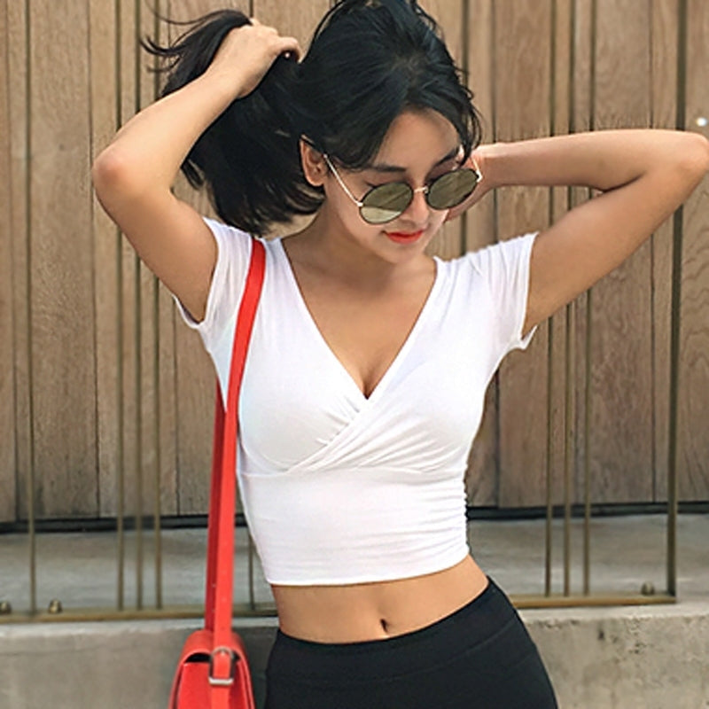 Women’s Cotton V-Neck Crop Top Summer Tight Fit Ruched Casual Korean Style