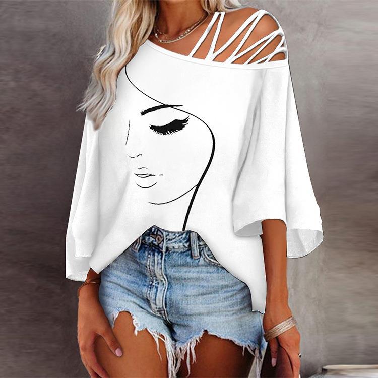 Women’s Loose Fit Printed Cotton Blouse Asymmetrical Collar Casual Top