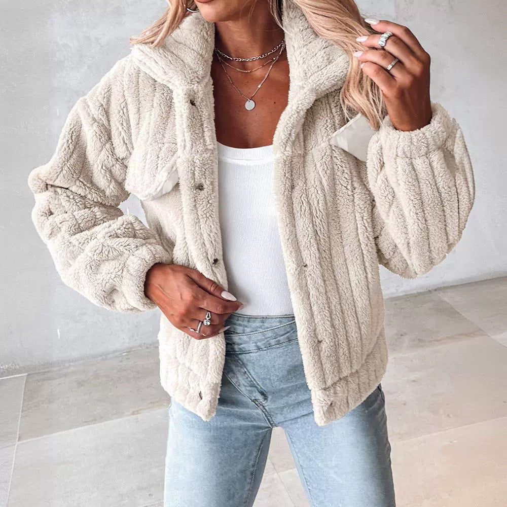 Women’s Velvet Cardigan Coat Lapel Short Jacket Soft Stripe Texture Casual Elegant Blazer