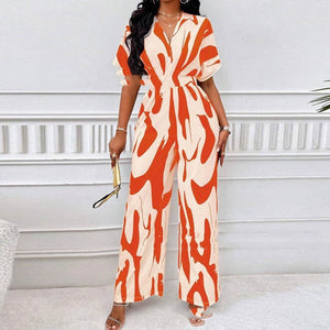Women's V-Neck Loose Printed Long Jumpsuit