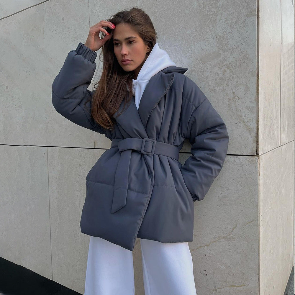 Women’s Belted Padded Coat Slim Fit Thick Cotton Jacket Winter Warm Cinched Waist Coat