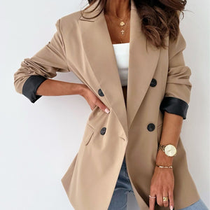 Women's Loose Fit Blazer – Camel Plaid & Apricot | Casual Office Jacket