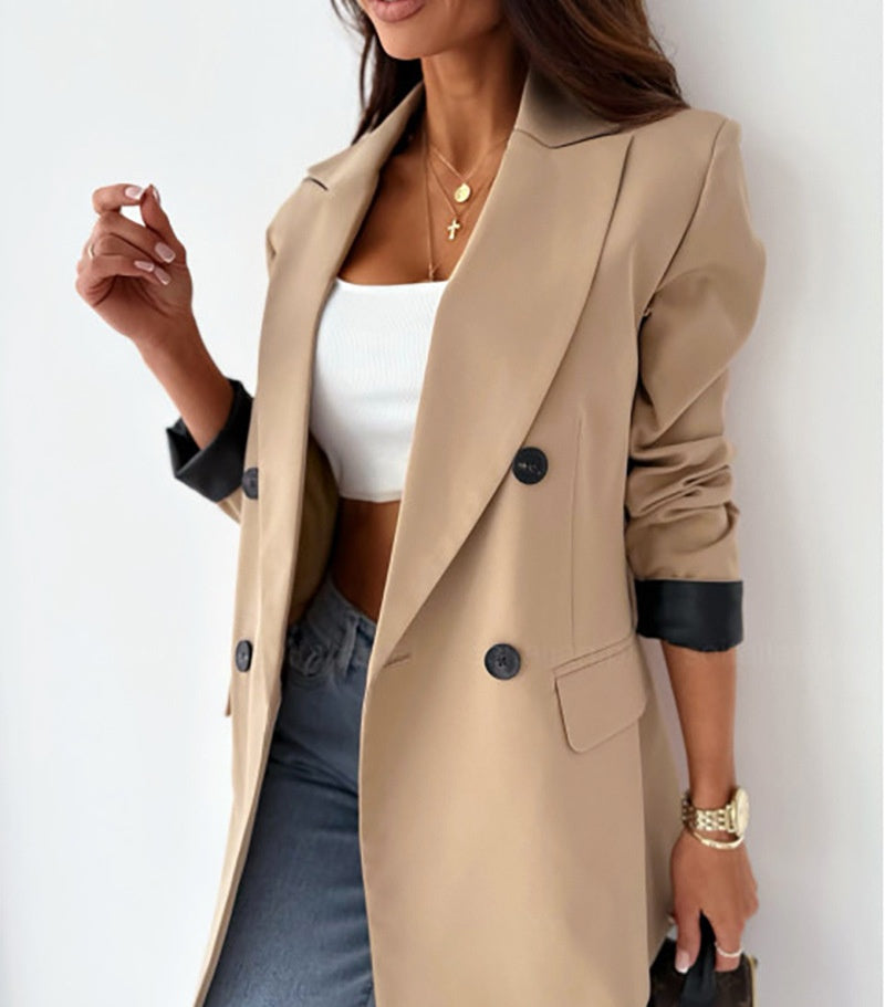 Women's Loose Fit Blazer – Camel Plaid & Apricot | Casual Office Jacket