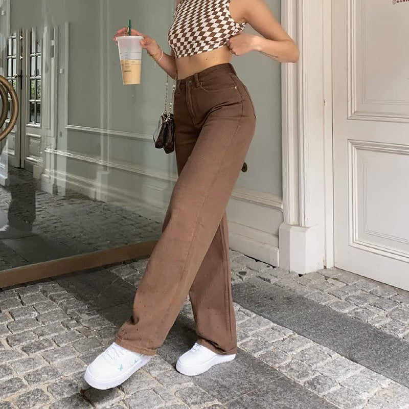 Women's Retro Brown Straight-Leg Jeans