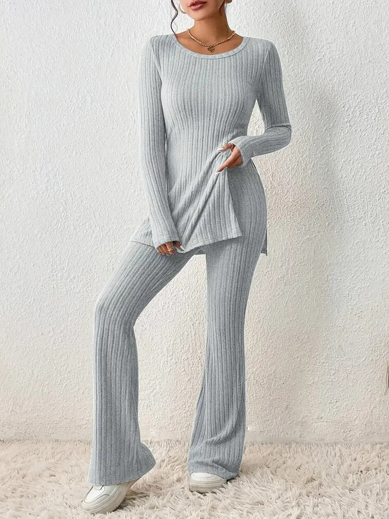 Women’s Elegant Polyester Casual Two Piece Outfit Slim Fit Long Sleeve Set