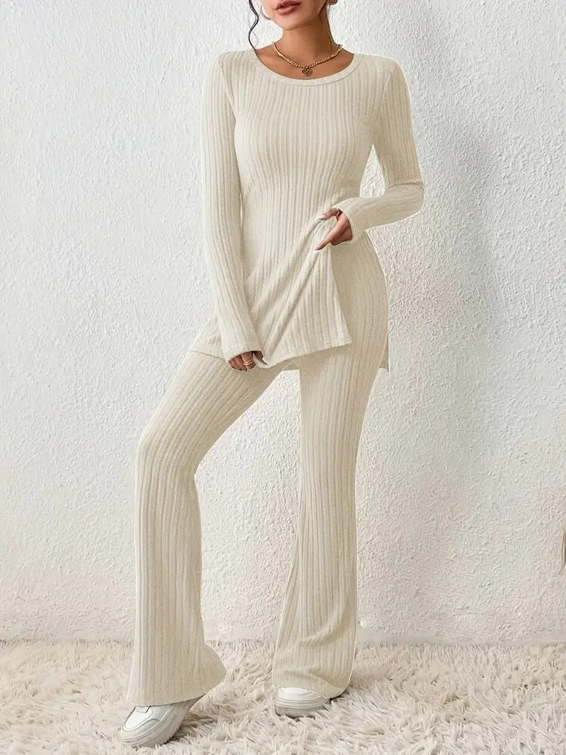 Women’s Elegant Polyester Casual Two Piece Outfit Slim Fit Long Sleeve Set
