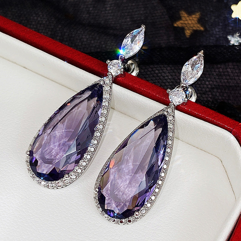 Purple Zircon Drop Earrings for Women – Bridal Micro-Inlaid Copper Dangle Earrings