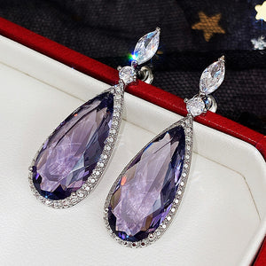 Purple Zircon Drop Earrings for Women – Bridal Micro-Inlaid Copper Dangle Earrings