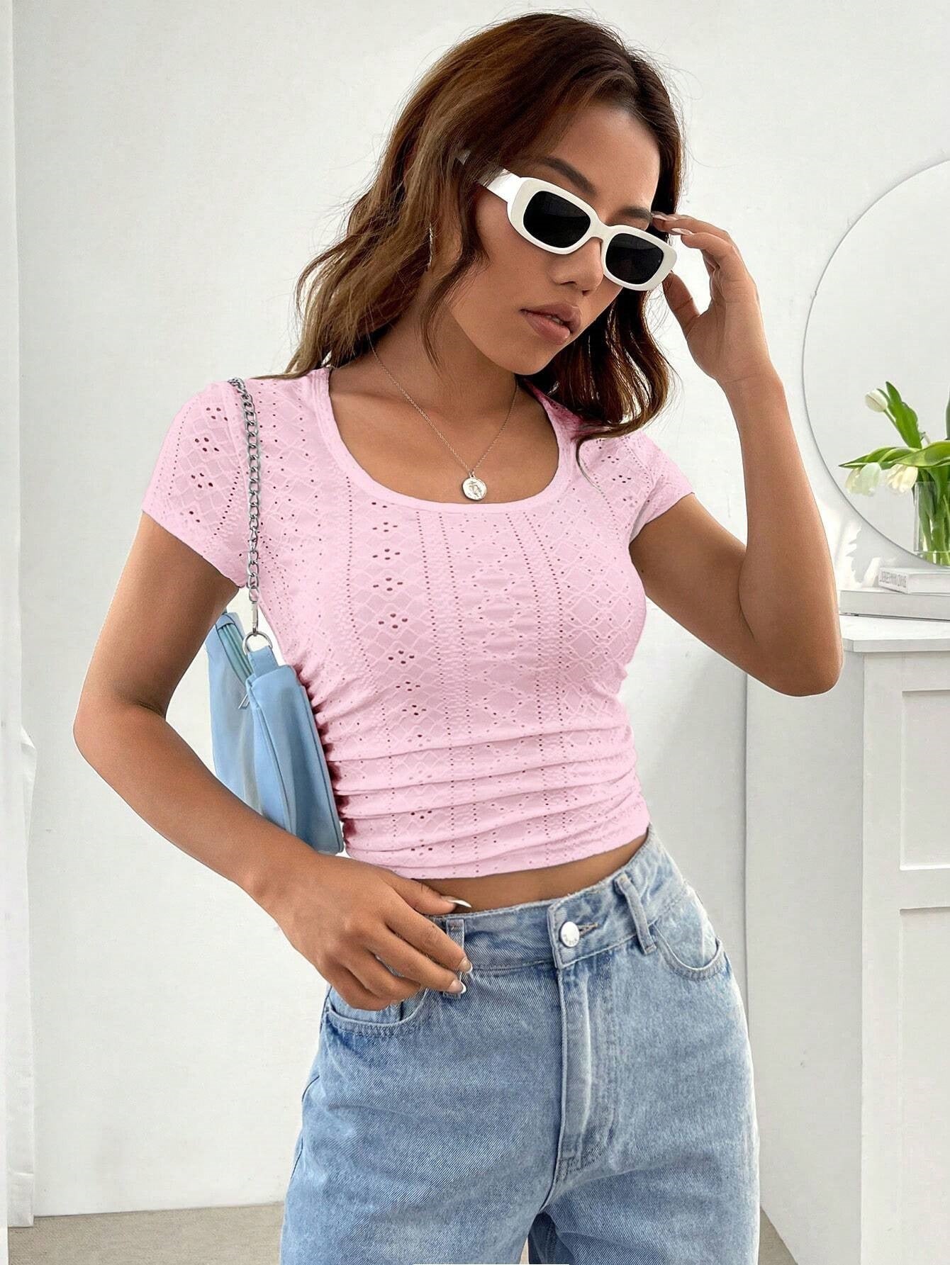 Women’s Slim Fit Eyelet Crop Top Round Neck Short Sleeve Summer T-Shirt