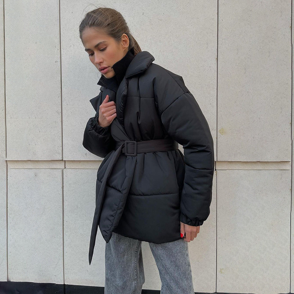 Women’s Belted Padded Coat Slim Fit Thick Cotton Jacket Winter Warm Cinched Waist Coat