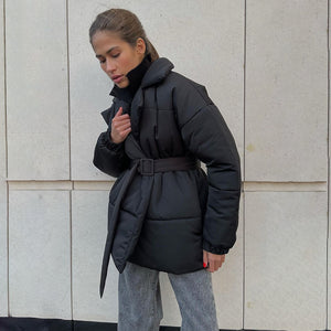 Women’s Belted Padded Coat Slim Fit Thick Cotton Jacket Winter Warm Cinched Waist Coat
