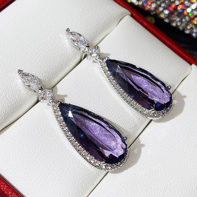 Purple Zircon Drop Earrings for Women – Bridal Micro-Inlaid Copper Dangle Earrings