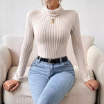 Women’s French Style Turtleneck Knitted Jumpsuit Long Sleeve Short Romper