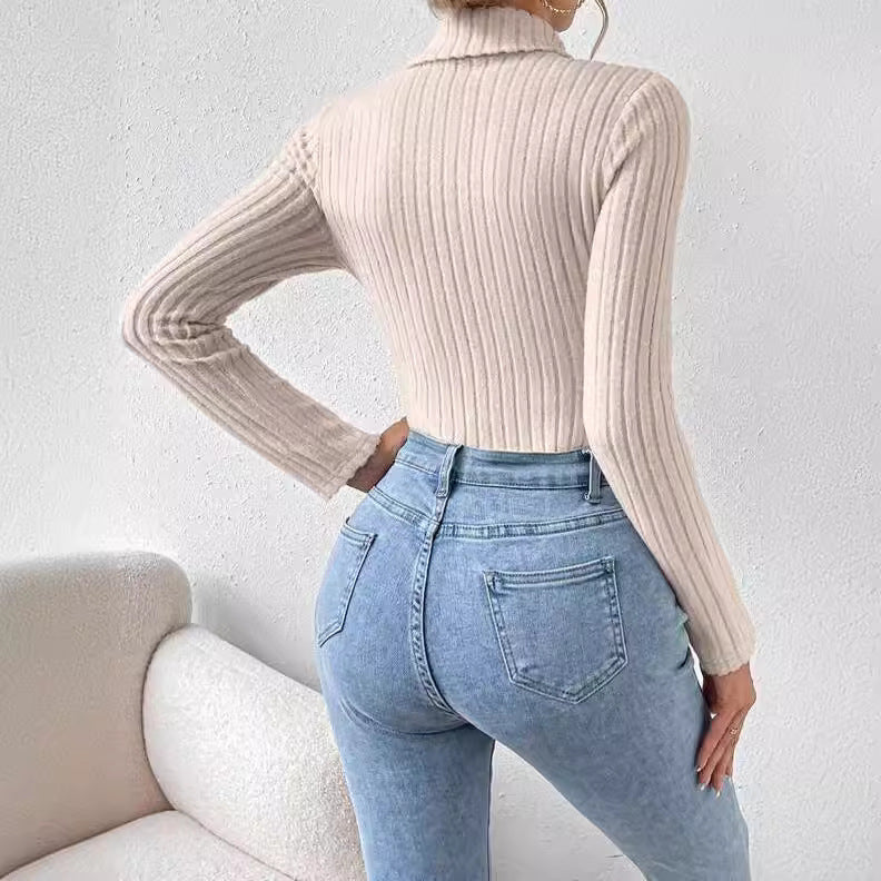 Women’s French Style Turtleneck Knitted Jumpsuit Long Sleeve Short Romper